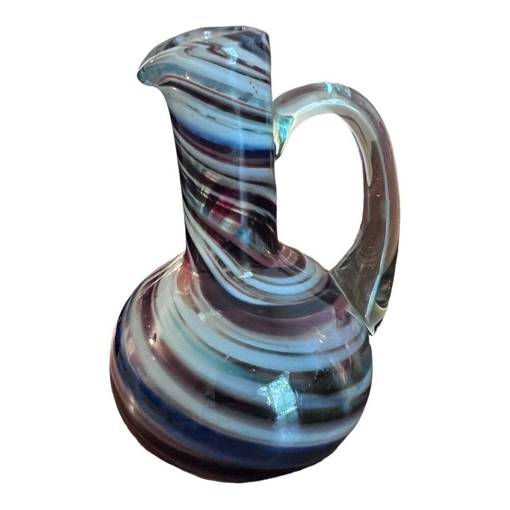 Vtg Cruet Hand Blown Art Glass Small Pitcher Bud Vase Clear with Colorful Swirls